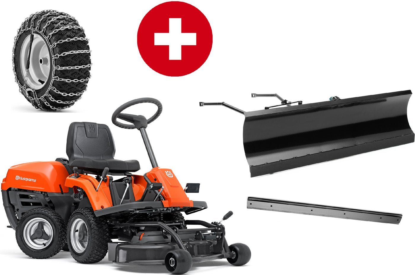 Husqvarna Frontmäher R 112C mit Mähdeck Combi 85 - Winterpaket mit Schneeschild, Gummileiste und Schneeketten
